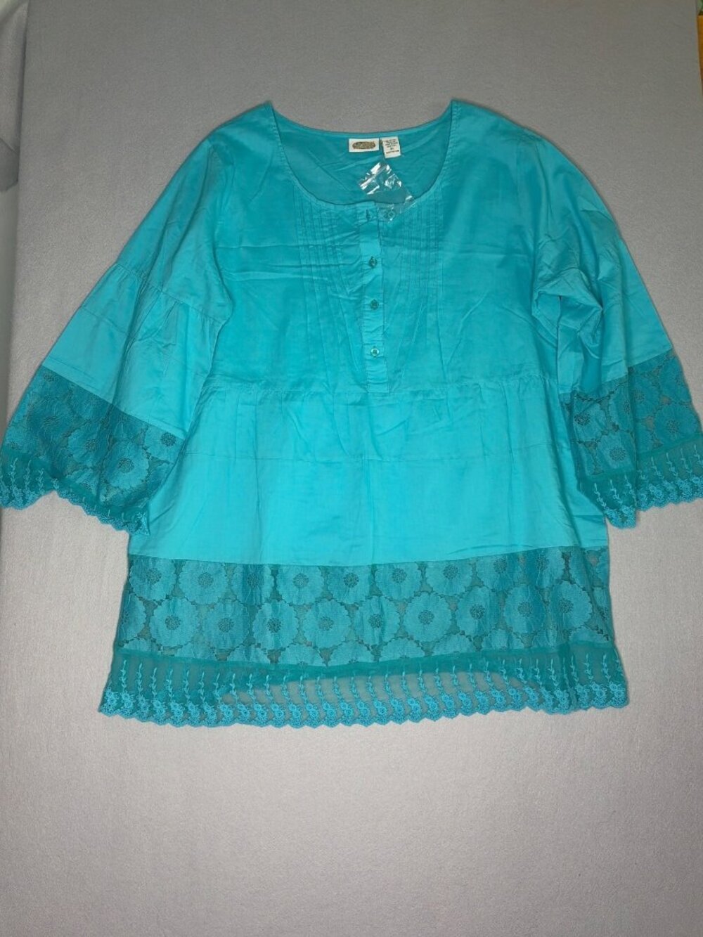 NWT Collections Etc. Blue Lace Cotton Tunic Turquoise Size XL Boho Coastal